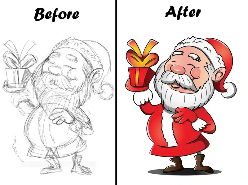 Cartoon Santa Claus with a red suit, white beard, and carrying a gift