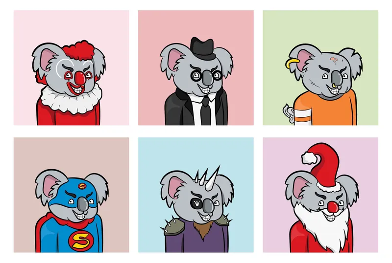 Collection of cartoon koalas in various poses and expressions