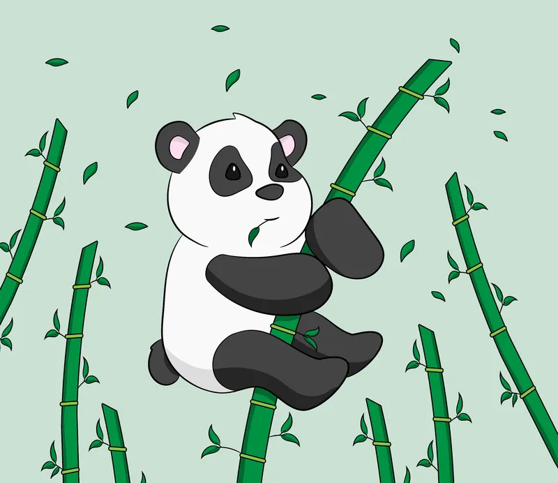 Cartoon panda with black and white fur, eating bamboo