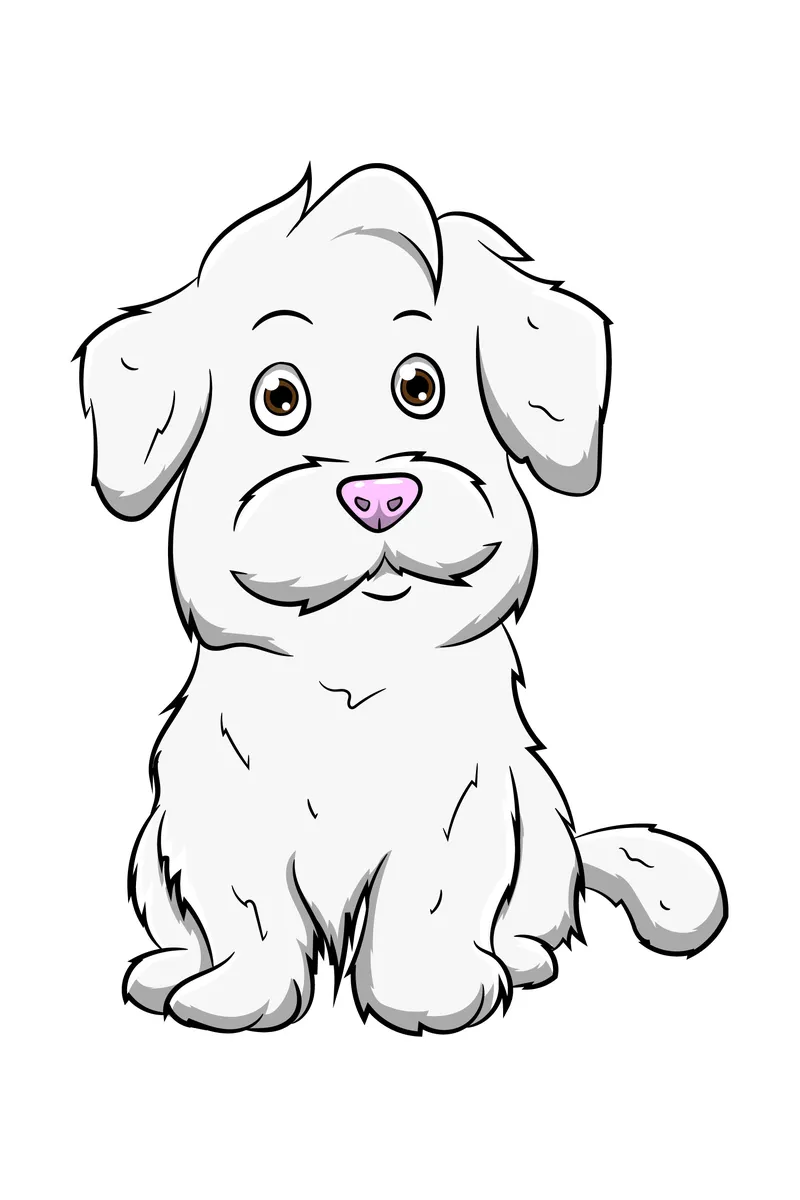 Cartoon white dog with floppy ears and a wagging tail